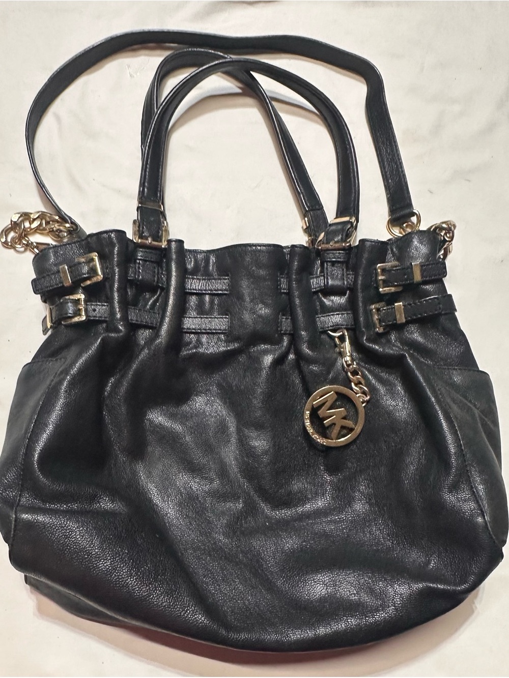 Michael Kors Black Leather “Edie” Shoulder Bag with Gold Charm
